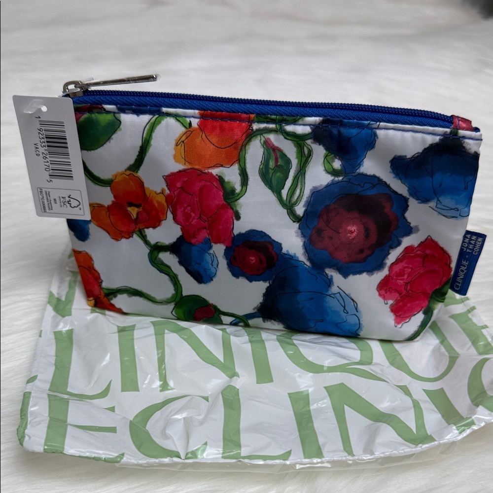 NWT Clinique Vibrant Blue and Red Floral Cosmetic Pouch Beauty Bag Makup Bag
